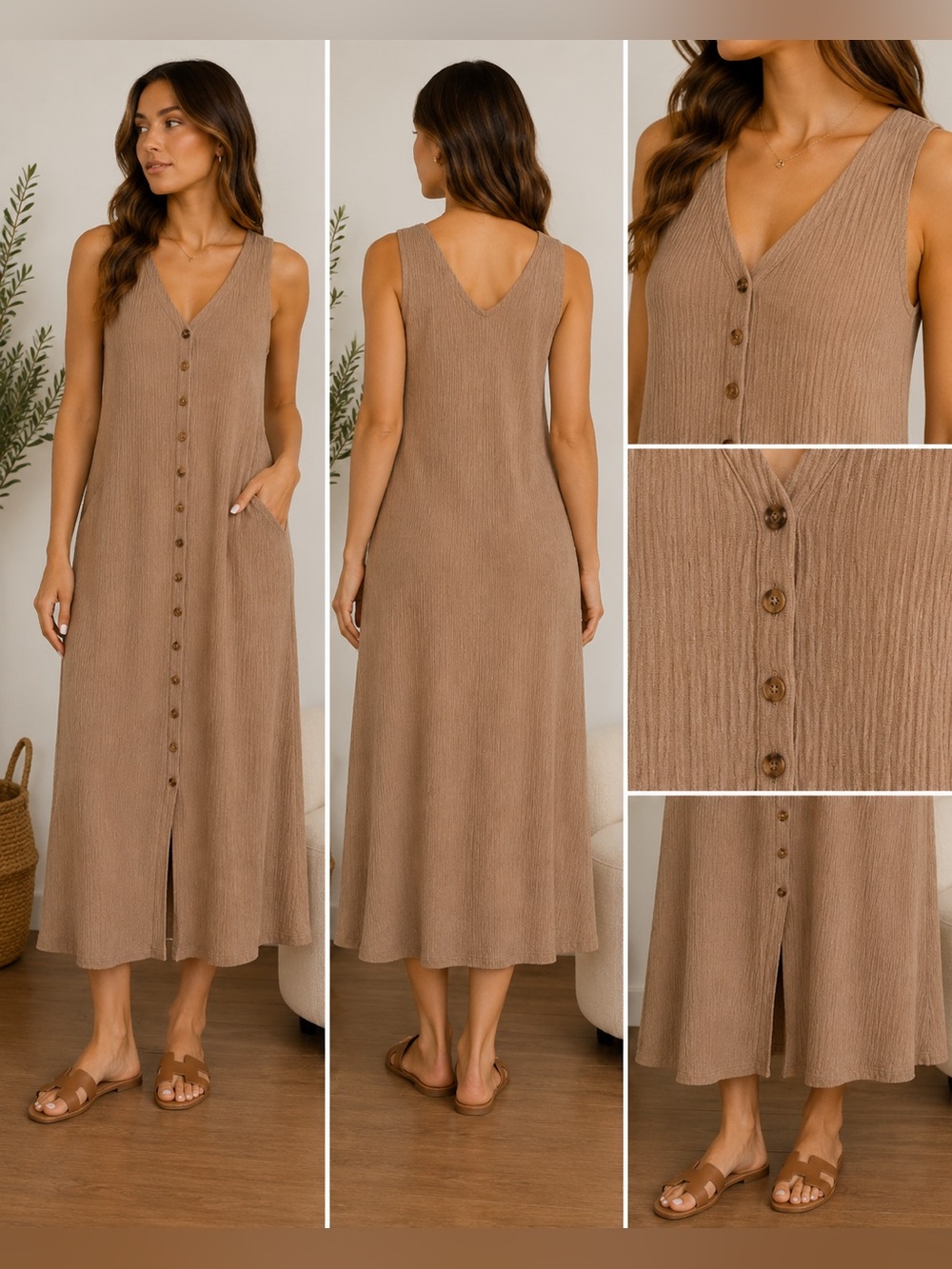 Sleeveless Tan Button-Down Dress